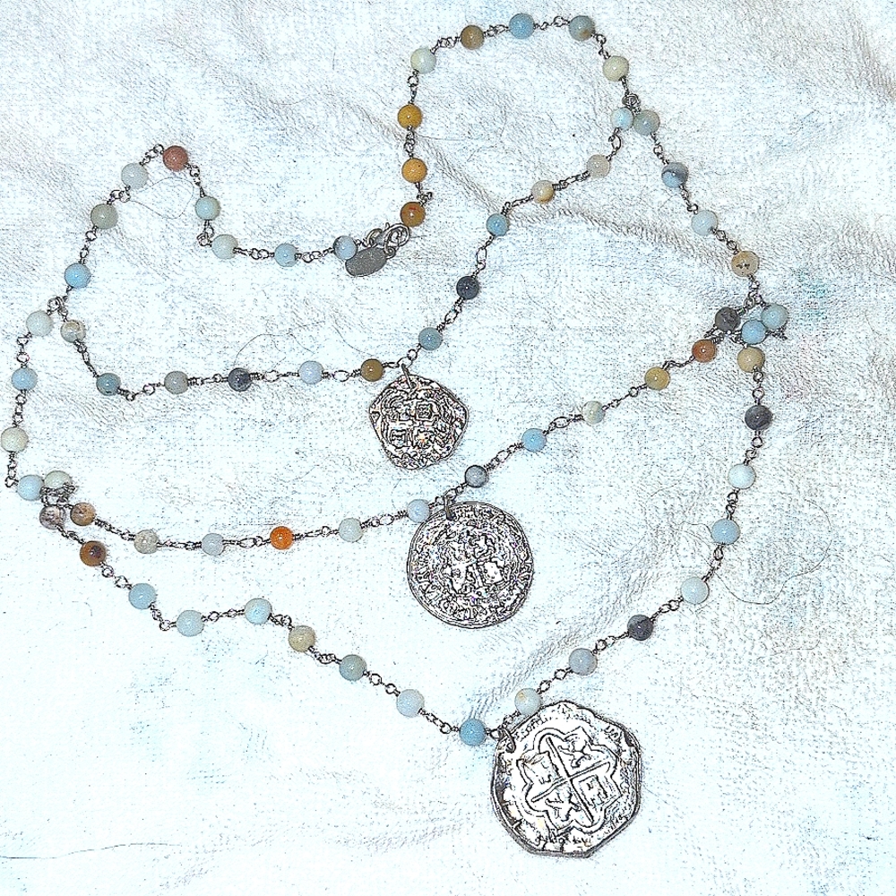 NWOT JULIO Triple necklace amazonite beads, accented with 3 Silver Coins